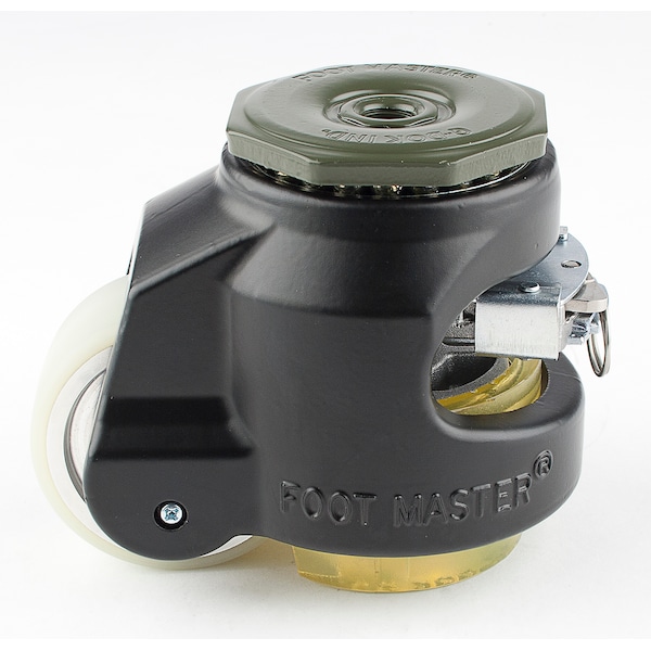 Leveling Caster, Ratchet, 63 mm PU Wheel, 1/2-13 Stem, Swivel, 500 kg Cap, PU Foot Pad, Black